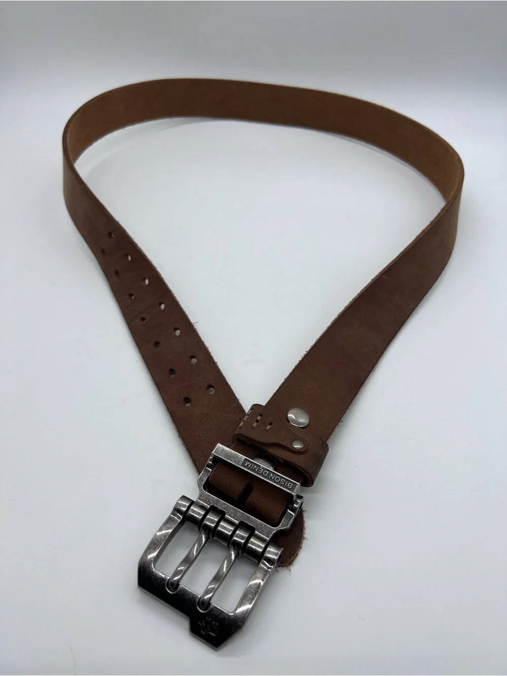 Bison Denim Men’s Brown Leather Belt with Brushed Metal Buckle